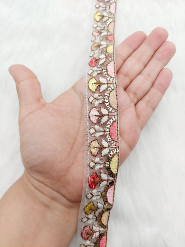 White Tissue Fabric Trim In Multicoloured Floral Embroidery With Matt Gold Sequins, Lace Trim By 9 Yards Indian Decorative Trim, Ribbon